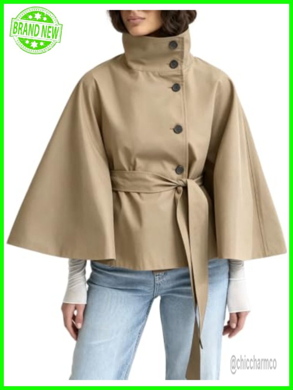 Womens Cape Trench Jacket Funnel Neck Belted Short Coat